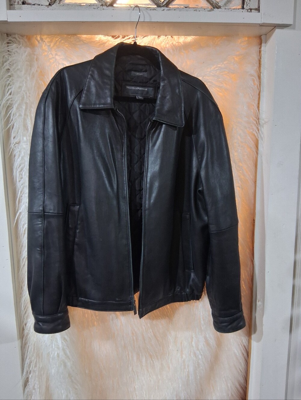 Perry Ellis Black Leather Bomber Jacket